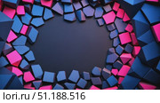 A vibrant abstract background features a dynamic composition of 3D polygonal shapes in shades of blue and pink. These geometric blocks appear to frame a central empty space, creating a tunnel-like visual effect. The high-contrast lighting and shadows enhance the depth and texture, evoking a modern, digital, and futuristic feel. Стоковое AI-видео, аниматор Ксения Чунаева / Фотобанк Лори
