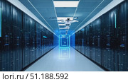 A drone navigates through a modern data center, revealing the advanced technology and infrastructure of digital storage and processing. Стоковое AI-видео, аниматор Данила Большаков / Фотобанк Лори