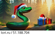 A green snake adorned with a Santa hat rests on a log surrounded by wrapped presents in a bright, wintry forest. Стоковое AI-видео, аниматор Данила Большаков / Фотобанк Лори
