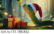 A colorful snake adorned with a Santa hat curiously admires beautifully wrapped presents in a charming, illuminated woodland. Стоковое AI-видео, аниматор Данила Большаков / Фотобанк Лори