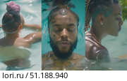 Experience a refreshing day by the pool with stunning tattoos and vibrant hairstyles illuminated by warm sunlight. Стоковое AI-видео, аниматор Данила Большаков / Фотобанк Лори