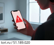 Человек с телефоном и красным треугольником предупреждения на экране с копи спейсом / A man with a phone and a red warning triangle on a copy space screen. Стоковое AI-изображение, AI-художник Валерий Лукин / Фотобанк Лори