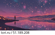 Stargazer on the shore watches lanterns illuminate the night sky over tranquil water at twilight. Стоковое AI-видео, аниматор Ekaterina Ismagilova / Фотобанк Лори
