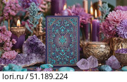 Colorful crystal and floral arrangement with candles and tarot cards in a mystical setting. Стоковое AI-видео, аниматор Ekaterina Ismagilova / Фотобанк Лори