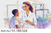 A cheerful instructor interacts with a student in a laboratory, showcasing an engaging science demonstration that sparks curiosity and learning. Стоковое AI-видео, аниматор Данила Большаков / Фотобанк Лори