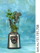 Blender with a glass flask on a beautiful blue background. In the flask are kale leaves, celery, broccoli. Стоковое фото, фотограф Роман Дзюбало / Фотобанк Лори