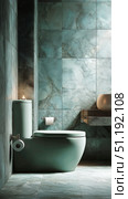 Modern Bathroom Design With Teal Tiles and Minimalistic Features for a Calming Atmosphere. Стоковое AI-изображение, AI-художник Юлия Гапеенко / Фотобанк Лори