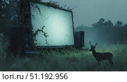 Majestic deer approaches a vintage television set in a misty field with overgrown foliage. Стоковое AI-видео, аниматор Данил Руденко / Фотобанк Лори