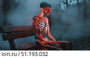 Skeleton seated on a bench in a foggy forest, illuminated with eerie glowing light. Стоковое AI-видео, аниматор Данил Руденко / Фотобанк Лори