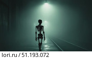 Skeleton figure walking through foggy railway station illuminated by eerie overhead lights. Стоковое AI-видео, аниматор Данил Руденко / Фотобанк Лори