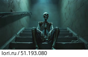 Skeleton seated on stairs in dimly lit corridor, showcasing eerie atmosphere and shadows. Стоковое AI-видео, аниматор Данил Руденко / Фотобанк Лори