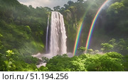 Powerful waterfall cascades down rocky cliff, with a vibrant rainbow shimmering in the middle of the water. The sunlight refracts through the mist, creating a stunning natural phenomenon. Стоковое AI-видео, аниматор Данила Большаков / Фотобанк Лори