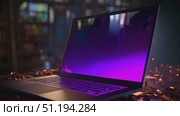 Open laptop computer is placed on top of a table, showing a blank screen. The laptop is powered on but not in use, with no one present near it. Стоковое AI-видео, аниматор Данила Большаков / Фотобанк Лори