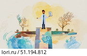 A scientist stands confidently atop a colorful pedestal, presenting innovative research and insights in a lively, artistic environment. Стоковое AI-видео, аниматор Данила Большаков / Фотобанк Лори