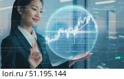 A businesswoman engages with a holographic display of financial metrics while working in a sleek urban office environment. Стоковое AI-видео, аниматор Данила Большаков / Фотобанк Лори