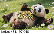 Hilarious fluffy panda sprawled on its back with a pile of bamboo snacks on the belly, one stick balanced on nose. Стоковое AI-видео, аниматор Виктория Кольцова / Фотобанк Лори