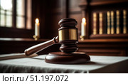A wooden gavel sits on a table in front of a bookcase. Стоковое AI-изображение, AI-художник Ярославский Максим / Фотобанк Лори
