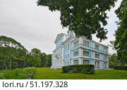 Особняк Воронцова (усадьба Новознаменка, Санкт-Петербург), сине-белый дворец в стиле барокко работы Трезини и Ринальди, летний вид с зелёным лугом. Стоковое фото, фотограф Елена  Попкова / Фотобанк Лори