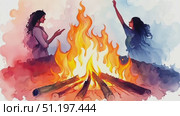 Two women joyfully engage and celebrate around a bonfire during a community festival, embracing nature and gathering warmth together. Стоковое AI-видео, аниматор Данила Большаков / Фотобанк Лори