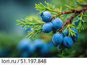 Juniper branches with berries. Blue berries on tree of juniper with green nature blurred background. Bunch of juniper berry in autumn. Juniperus scopulorum. Semi-fleshy, bluish cones. Officinal plant. Стоковое AI-изображение, AI-художник Марина Демидюк / Фотобанк Лори
