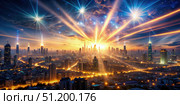 City Lights Radiate Into The Evening Sky. Generative AI. Стоковое AI-изображение, AI-художник Roman Zavorotny / Фотобанк Лори