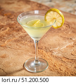 A Classic Vesper Martini Cocktail in a Martini Glass With Lemon Garnish. Generative AI. Стоковое AI-изображение, AI-художник Roman Zavorotny / Фотобанк Лори