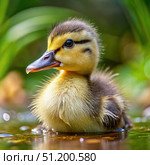A Small Yellow Duckling Swims In A Pond On A Sunny Day. Generative AI. Стоковое AI-изображение, AI-художник Roman Zavorotny / Фотобанк Лори