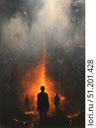 A dramatic artistic scene with three silhouettes of people standing against a background of fire and smoke. The central figure is depicted larger and dominates the composition, its silhouette clearly outlined against the powerful tongue of flame rushing upward. Two more silhouettes are located on the sides, creating the feeling of the group in an apocalyptic situation. The color scheme is built on the contrast of bright orange-red flames and dark, almost black tones, symbolizing smoke and an extinguished world. The atmosphere of the painting is disturbing, metaphorical - it evokes associations with the end of the world, internal struggle or a mystical journey through fire. Стоковое AI-изображение, AI-художник Анна Кривицкая / Фотобанк Лори