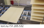 conveyor at a confectionery factory coating wafer plates with chocolate mass and assembling wafers. Стоковое видео, видеограф Алексей Сергеев / Фотобанк Лори