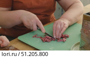 Female butcher cut raw meat with sharp knife at home kitchen. Woman cutting the chicken fillet in pieces for cooking. Preparing chopping food. Split poultry breast. Healthy lean meat, low cholesterol. Стоковое видео, видеограф Марина Демидюк / Фотобанк Лори