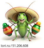 Green Cockroach Wearing Sombrero Plays Maracas. Generative AI. Стоковое AI-изображение, AI-художник Roman Zavorotny / Фотобанк Лори
