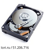 Close-Up of a Hard Disk Drive Platter and Actuator Arm on a White Background. Generative AI. Стоковое AI-изображение, AI-художник Roman Zavorotny / Фотобанк Лори