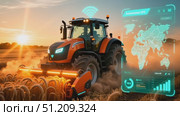 Autonomous Smart Tractor Harvesting Wheat with GPS Map Overlay at Sunset. Стоковое AI-видео, аниматор Виктория Кольцова / Фотобанк Лори