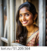 Young Indian Woman Looking Out A Window in a Traditional Sari. Generative AI. Стоковое AI-изображение, AI-художник Roman Zavorotny / Фотобанк Лори