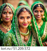 Three Indian Women Dressed in Green Saris and Jewelry Smile at the Camera. Generative AI. Стоковое AI-изображение, AI-художник Roman Zavorotny / Фотобанк Лори
