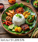 Indonesian Food Plate With Rice, Meat, and Vegetables Served on a Banana Leaf. Generative AI. Стоковое AI-изображение, AI-художник Roman Zavorotny / Фотобанк Лори