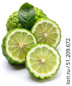 Close Up Of Juicy Sliced Bergamot Fruit With A Green Leaf On A White Background. Generative AI. Стоковое AI-изображение, AI-художник Roman Zavorotny / Фотобанк Лори