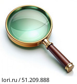 A Classic Magnifying Glass With a Gold Trim and Wooden Handle on a White Background. Generative AI. Стоковое AI-изображение, AI-художник Roman Zavorotny / Фотобанк Лори