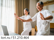 Elderly asian couple in tai chi practice at home for wellness and relaxation. Стоковое AI-изображение, AI-художник Евгения Пархоменко / Фотобанк Лори