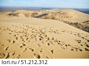 Sarykum dune, the largest sand dune in Europe.. A desert scene with a large mound of sand. The sand is dry and the sun is shining brightly. Стоковое фото, фотограф Наталия Кирсанова / Фотобанк Лори