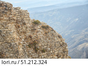 A rocky cliff with a small plant growing on it. The view is of a mountain range. Concept of ruggedness and natural beauty. Стоковое фото, фотограф Наталия Кирсанова / Фотобанк Лори