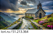Stone Church on Mountaintop With Dramatic Sunset Over Water. Generative AI. Стоковое AI-изображение, AI-художник Roman Zavorotny / Фотобанк Лори