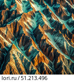Aerial View of Snow-Covered Mountain Ranges at Sunset. Generative AI. Стоковое AI-изображение, AI-художник Roman Zavorotny / Фотобанк Лори