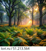 Golden Light Illuminates Oak Forest Clearing at Dusk. Generative AI. Стоковое AI-изображение, AI-художник Roman Zavorotny / Фотобанк Лори