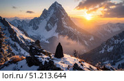 Lone traveler in dark cloak gazing at snow covered mountain at sunrise symbolizing exploration solitude inner strength and human connection to nature with mystical undertones. Стоковое AI-изображение, AI-художник Ольга Сухарева / Фотобанк Лори