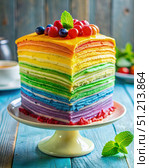 Rainbow Crepe Cake on a Pedestal. Generative AI. Стоковое AI-изображение, AI-художник Roman Zavorotny / Фотобанк Лори