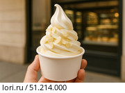 Indulge in a Delightful Soft Serve Ice Cream Cone with Whimsical Swirls and Tasty Toppings Set Against a Charming Café Background. Стоковое AI-изображение, AI-художник Башкирова Анна / Фотобанк Лори