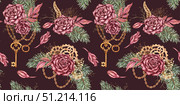 Roses Pine Chain Key Gear Steam punk Pattern Deep Maroon Watercolor. Стоковая иллюстрация, иллюстратор Андрей Золотарев / Фотобанк Лори