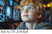 A curious boy engages with interactive displays about space exploration at a science center, learning about planets and stars through hands-on activities. Стоковое AI-видео, аниматор Данила Большаков / Фотобанк Лори