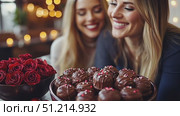 Enjoy a delightful moment as two friends share laughter and treats surrounded by roses in a charming café ambiance. Стоковое AI-видео, аниматор Данила Большаков / Фотобанк Лори